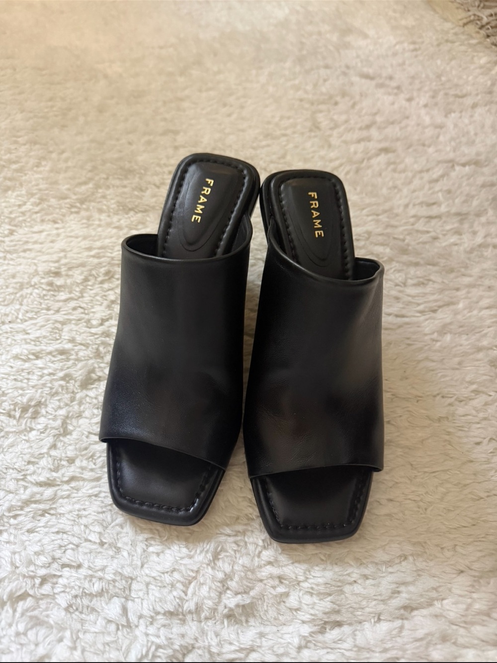 Frame Denim Black Leather Open-Square Mule Wedge
